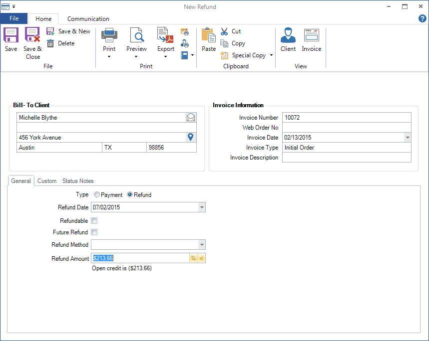 Spectra/myStratus Desktop Creating a Refund